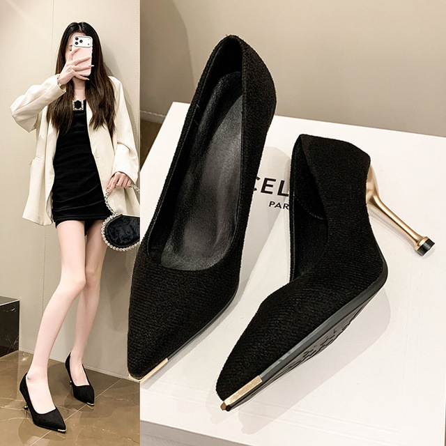 QuiteS 2026 New Slip-On Metal Head Niche Elegant Stiletto Heel Pointed-Toe Single-Layer Sexy High Heels Elegant Shoes for Women
