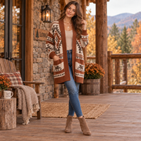 Cardigan en tricot jacquard géométrique surdimensionné pour femme, ouvert sur le devant, à manches longues, style bohème décontracté, manteau automne-hiver, OEM ODM personnalisé