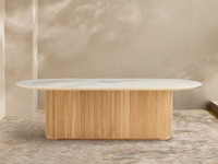Table de jardin moderne de luxe en teck avec plateau en marbre mélangé personnalisé, table à manger en teck d'extérieur