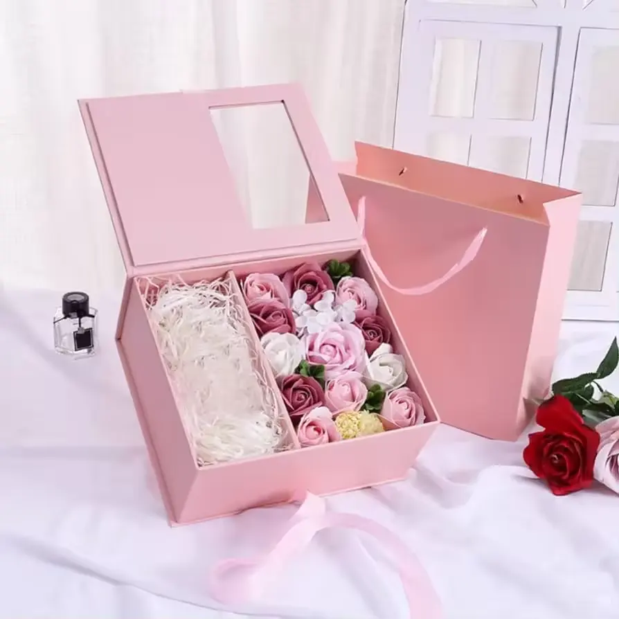 लक्जरी उपहार शहद बड़े खाली बक्से गुलदस्ता पन्ना चुंबकीय ढक्कन और हैंडल पेपर फूल बॉक्स के साथ स्टैकेबल