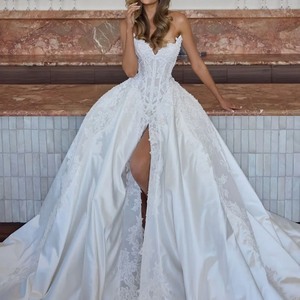 LY-WD1242 Abito <span class=keywords><strong>da</strong></span> <span class=keywords><strong>Sposa</strong></span> a Linea A in Raso, Vestito <span class=keywords><strong>da</strong></span> Cerimonia con Vita Basca, Corsetto <span class=keywords><strong>Sexy</strong></span> con Spacco sulla Gamba, Senza Maniche, Servizio OEM - Product Image 1