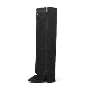 Women Denim Overlay Custom Styles Over Knee High Boots Ladies High Chunky Heels <b>Shoes</b> Folded Pointed Toe Jeans Long Booties - Product Image 4