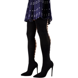 Botas Altas de Mujer Talla Grande 46 con Recorte Trasero, Ajustadas, de Tacón Alto, Elásticas, de Horma Ancha, Tipo Calcetín, Estilo Stiletto - Product Image 5