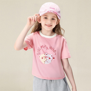 T-shirt en jersey <span class=keywords><strong>rose</strong></span> à col contrasté pour filles – Imprimé ours de dessin animé « Donne-moi un câlin » en coton décontracté à manches courtes (2-14 ans) - Product Image 2