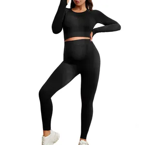 FLW Esporte Treino Yoga Grávida Maternidade Desgaste Sem Costura Manga Longa Leggings Conjunto 2 Peça Yoga