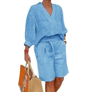 Boutique Wholesale 2025 Summer New <strong>Fashion</strong> V-neck <strong>Cotton</strong> Linen Loose Shirt Casual Shorts Women's Set - Product Image 1