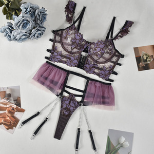 Women's Sexy Lingerie Set S-XL Size Transparent Polyester Lace Bra &amp; Panties 2 Piece Wire Free on <strong>Waist</strong> - Product Image 6
