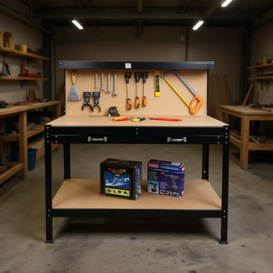 Banc de travail robuste, capacité 300 lb, structure en acier, plateau en MDF, crochets pour panneau perforé, tiroir, banc de travail pour le travail du bois - Product Image 2