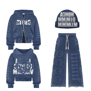 Fabricante Personalizado Sweatsuit Rhinestone Streetwear Tricô Oversized Baggy Cropped Acid Wash Flared Sweatpants e Hoodie Set - Product Image 1