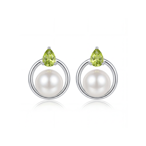 Pendientes de Plata S925 con Perla de Agua Dulce, Círculo Abierto, Peridoto Verde y Circonita Cúbica, Joyería Elegante, Regalo para Mujer - Product Image 1