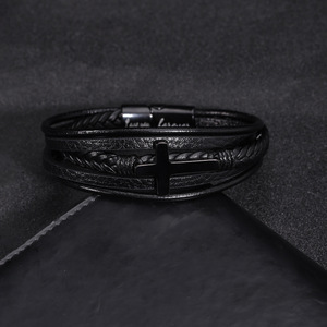Cross <b>Bracelet</b> Stainless Steel Pu <b>Leather</b> Titanium Cross Unisex Jewelry Gift 7.5 8.5 9 Inches Geometric Design - Product Image 2