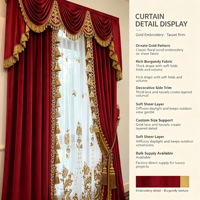 Rideaux en velours rouge royal Yun Zhu avec broderie dorée, draperies de palais, cantonnière et volants pour villa, manoir, hall – Ensemble de décoration de luxe