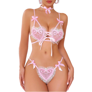 Conjunto de Lencería Sexy para Mujer, Top de Encaje Estampado con Abertura en la Entrepierna, Transpirable, Negro, Blanco, Transparente, Sujetador, Braguitas Hipster - Product Image 1