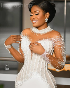 Robes de Mariée Sirène Blanches Aso Ebi 2024 Perles Perlées Luxueux Satin Manches Longues Robes de Mariée - Product Image 2