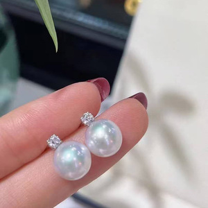 S925 Sterling <b>Silver</b> Diamond Top Pearl Stud <b>Earrings</b>, 9-10mm Aurora Edison Freshwater Pearls, Round High Luster - Product Image 1