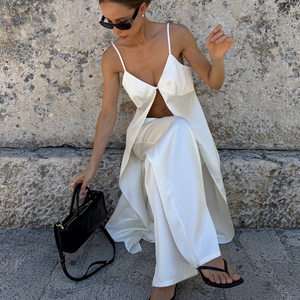 Ultimo Design: Completo Estivo Boho da <span class=keywords><strong>Donna</strong></span> 2026 - Top Lungo Senza Maniche in Raso Bianco con Bottoni Frontali e Pantaloni - Abbigliamento Sexy - Product Image 2