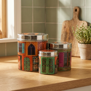 Moroccan Style stainless steel Spice <b>Containers</b> With Lid Round Design For <b>Kitchen</b> <b>Storage</b> Printed Pattern Decorative Food jar - Product Image 4