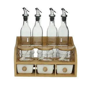 现代厨房装饰竹架玻璃油瓶调味瓶带竹盖套装