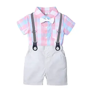 Wholesale Cheap Fashion Clothes Pink Checked Romper And White Pant Baby Boy Romper Gentleman Set With Very Cute Bow Tie