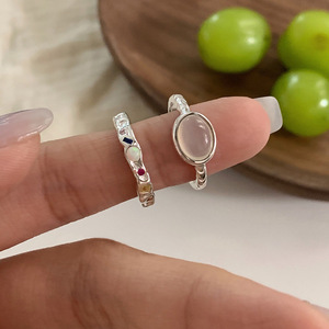 S925 Pure Silver Ellipse Black Agate White Chalcedony <b>Ring</b> Women Geometric Bezel Setting Everyday Wear <b>Opening</b> Design - Product Image 3