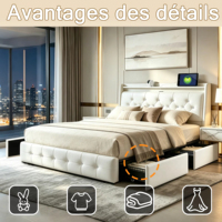 Cadre de lit en cuir avec rangement, haut-parleur Bluetooth LED RGB, charge USB Type C, 140x200 160x200