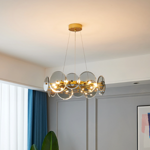 Luminaire suspendu créatif en verre gris à anneau unique Lustre rond en cercle doré pour salle à manger avec télécommande Tailles moyennes - Product Image 5
