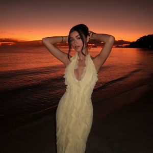 Elegante <span class=keywords><strong>vestido</strong></span> Maxi Halter <span class=keywords><strong>amarillo</strong></span> tejido sólido con detalles <span class=keywords><strong>de</strong></span> encaje con volantes <span class=keywords><strong>de</strong></span> cintura natural para atardeceres <span class=keywords><strong>de</strong></span> <span class=keywords><strong>playa</strong></span> estilo <span class=keywords><strong>de</strong></span> noche elegante - Product Image 4