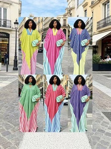 Nouvelle <span class=keywords><strong>Robe</strong></span> Longue Dashiki Ample et Respirante pour Femmes Africaines, Style Kenya, Col en V, Rayures et Blocs de Couleurs, Grande Taille - Product Image 1