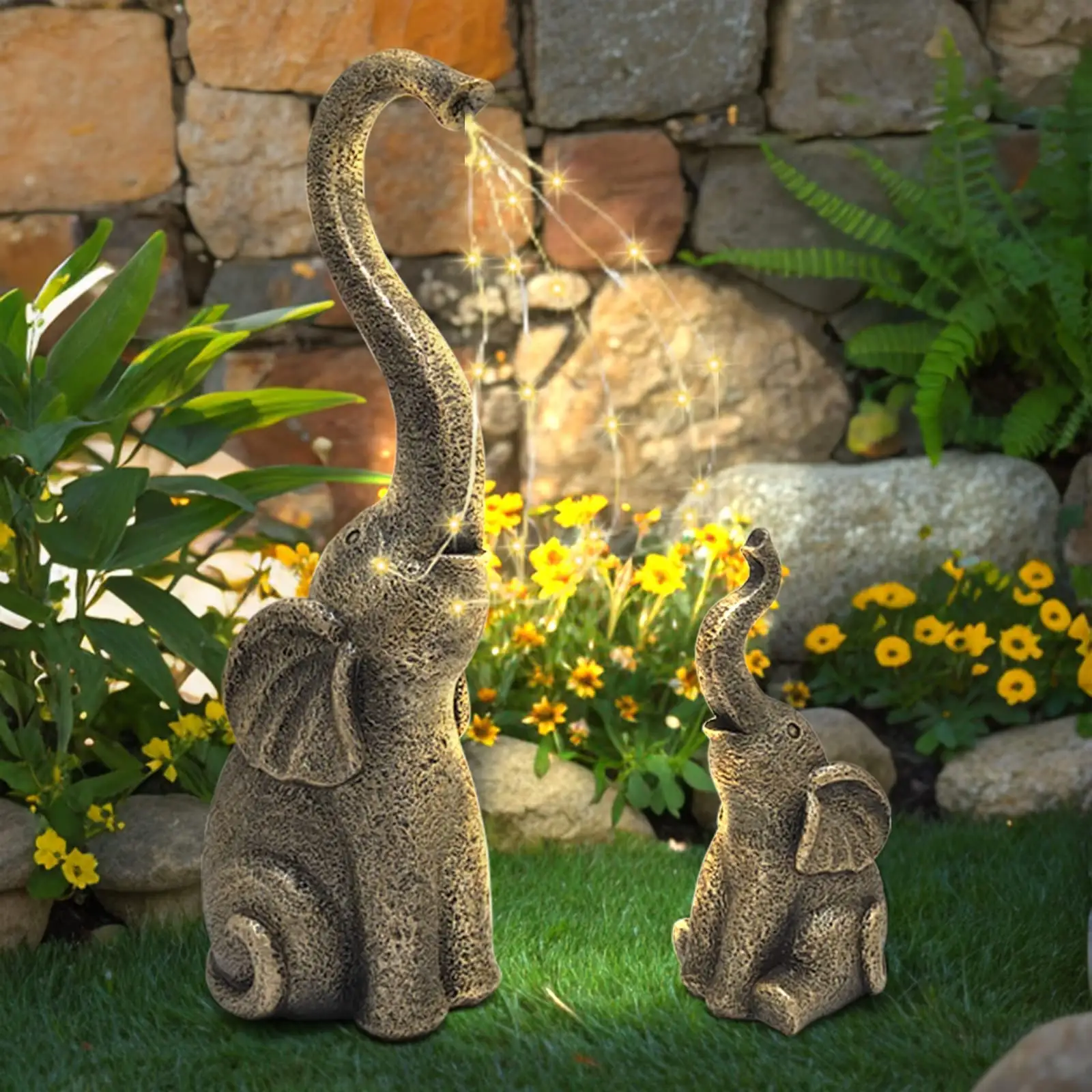 Vente en gros de décorations de jardin en résine Cadeaux de pendaison de crémaillère Ornements de cour de pelouse Lampe solaire Statues de jardin Décor d'éléphant