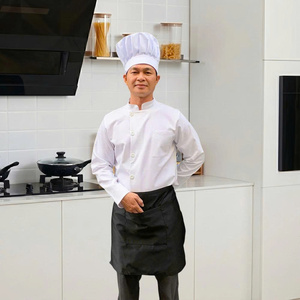 Veste de chef en gros à manches longues, blanche avec bordure noire, respirante, en polyester et coton, uniforme de cuisine, restaurant, hôtel, logo personnalisé OEM - Product Image 2