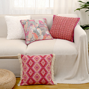 Elegante <span class=keywords><strong>funda</strong></span> de almohada cuadrada geométrica de estilo nórdico para niñas, Jacquard rojo rosa de lino, decoración del hogar para sala de estar y dormitorio - Product Image 6