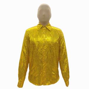 Camicia da uomo a maniche lunghe con paillettes dorate, blusa lucida con bottoni sul risvolto, top <span class=keywords><strong>per</strong></span> discoteca, feste, palcoscenico, ballo - Product Image 2