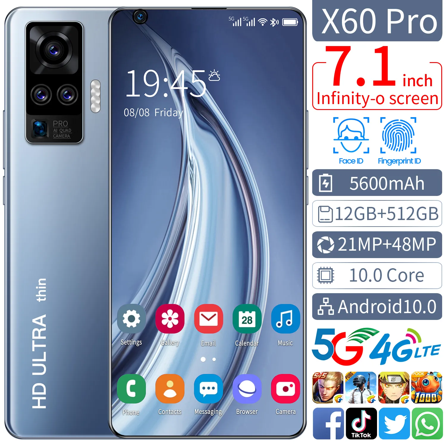 ファッションX60Pro7.1インチ携帯電話AMOLED 3G 4G 5GAndroid電話オリジナル12GB512GBスマート携帯電話