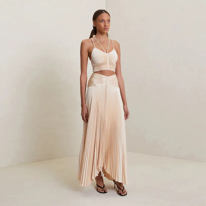 High Quality Summer New Arrivals Sexy Elegant Crop Top Fashion Asymmetric Women's Pleated Skirt 2 Piece Sets