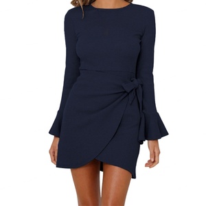 Vestidos de mujer elegantes de manga larga con volantes, manga trompeta, lazo y textura gofrada, estilo casual y con temperamento. - Product Image 1