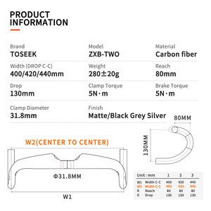 Guidon de vélo de route TOSEEK en fibre de carbone, guidon de vélo de route Cruiser avec diamètre de serrage de 31,8 mm et largeur de 400-440 mm, pièces de vélo - Product Image 4
