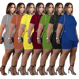 Plus Size Solid Color Two Piece Short Set Women O Neck Short Sleeve Tie rope fork Top And Short Pant Set For Sport Wear