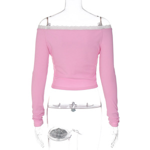 2024 <span class=keywords><strong>donna</strong></span> alla moda <span class=keywords><strong>Boutique</strong></span> autunnale graziose ragazze con spalle scoperte maglietta rosa a maniche lunghe - Product Image 6