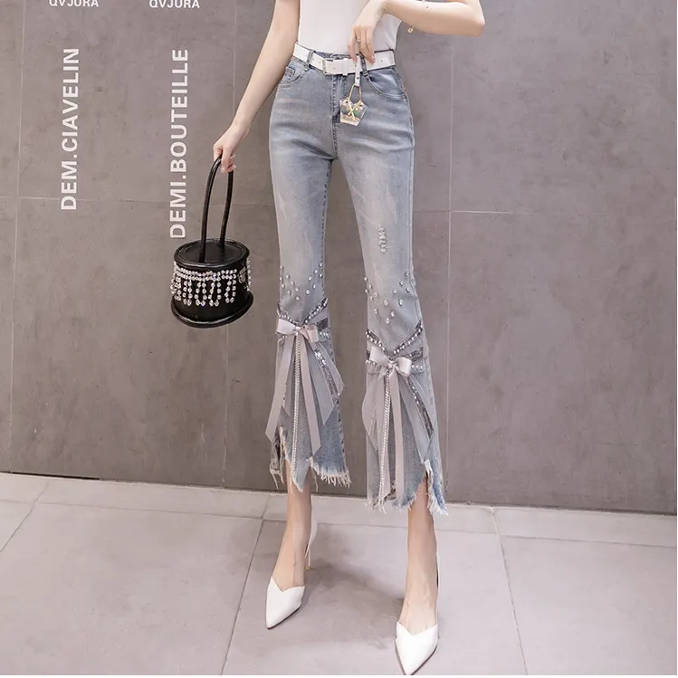 High Waist Jeans Women Ripped Cropped Jeans Women's 2023 Spring Summer New Irregular Beaded Bow Flared Denim Pants Ladies Jeans