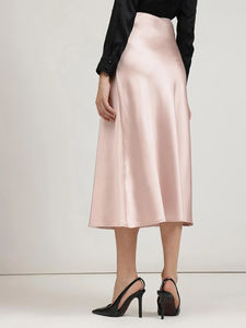 Falda casual rosa de satén de acetato transpirable con volantes y corte en A, de cintura natural. - Product Image 3
