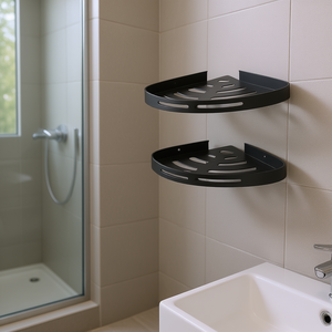CJYS246275101AZ Étagère d'angle de douche en aluminium à 2 niveaux, support mural adhésif, rangement de salle de bain, design minimaliste noir - Product Image 2