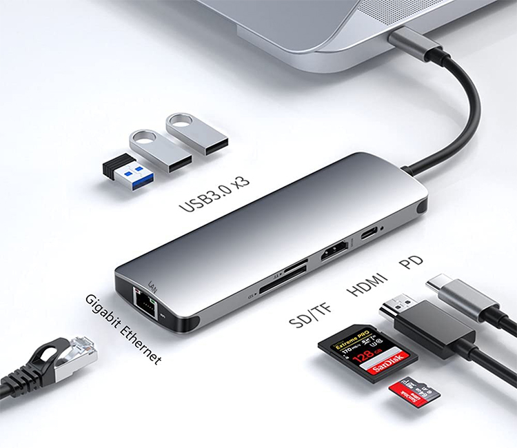 USB C концентратор 8 в 1 взаимный обмен данными между компьютером и периферийными устройствами C док-станция с Ethernet, HD + MI 3 USB3.0, SD/TF Card Reader устройство чтения карт USB-C PD совместимый