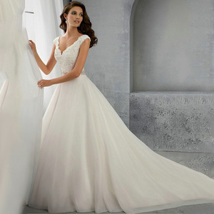 A-Line Lace Wedding Dress V-Neck Natural Waist Ivory White Polyester Fiber Simple Style Bridal Gown - Product Image 1