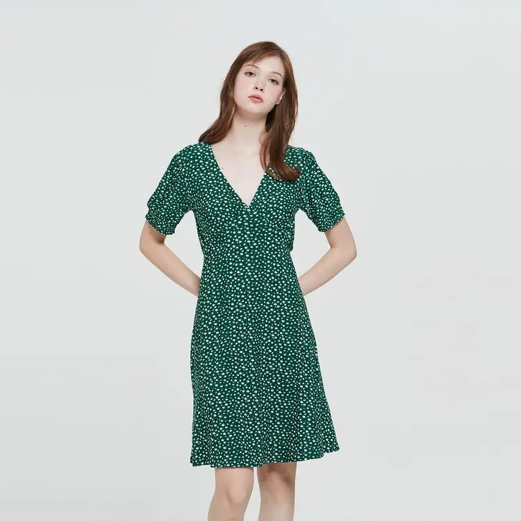 Factory direct sale good things green polka dot white and thin women's summer tea dress