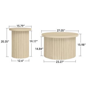 Combohome Nesting Coffee <strong>Table</strong> Set 2 Modern Accent Fluted Base Bamboo Glass Top <strong>Circle</strong> <strong>Side</strong> <strong>Table</strong> Set Minimalist Living Room - Product Image 2