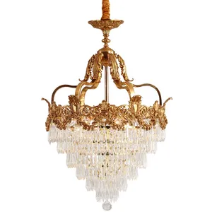 French Light Luxury All Copper Top Crystal Chandelier American Retro Bedroom Dining Room Lamp Nordic Living Room Pendant Lights