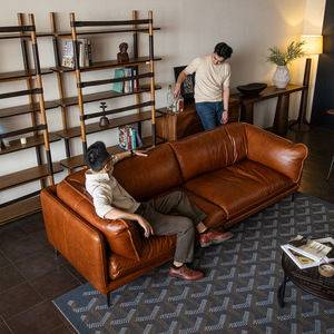 Sofá de Cuero Encerado Estilo Vintage de Mediados de Siglo, Sofá Recto de 3-4 Plazas para Sala de Estar Pequeña - Product Image 2