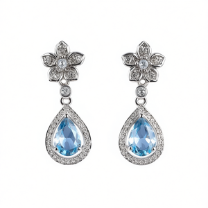 Boucles d'oreilles pendantes en argent E473, motif fleur, serties de cristaux bleus, bijoux de mariage classiques pour femmes, argent 925 - Product Image 1