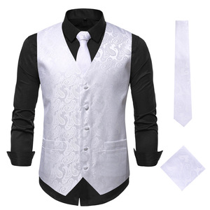 Nuovo <span class=keywords><strong>Gilet</strong></span> da <span class=keywords><strong>Uomo</strong></span> alla Moda, Scollo a V, Senza Maniche, Jacquard Sottile, per Cerimonie, Matrimoni, Feste, <span class=keywords><strong>con</strong></span> Cravatta e Foulard Quadrato Inclusi - Product Image 5