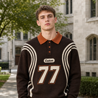 Pull Polo Tricoté Personnalisé OEM pour Hommes, Unisexe, Style Rétro Varsity Numéro 77, Rayures Courbes, Manches Longues